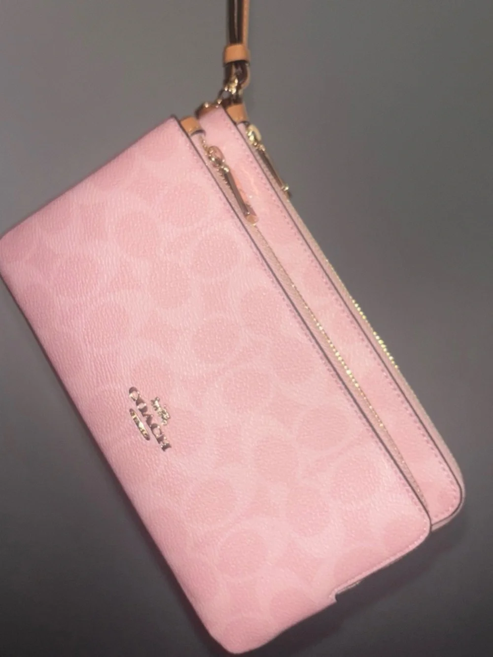 Coach Pink Signature Double-Zip Wristlet with Gold Hardware